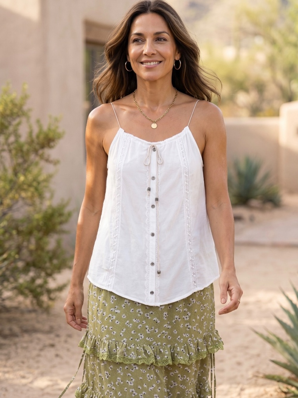 POL Ivory Lace Trim Cami Top | Tie Neck Adjustable Strap Sleeveless - Picture 6 of 6